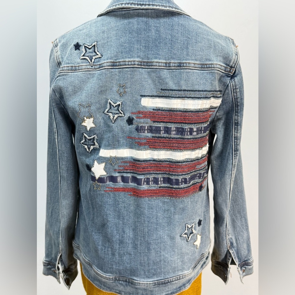 CHICO'S Medium Blue Denim Jacket with flag embroidery size S - Picture 6 of 15